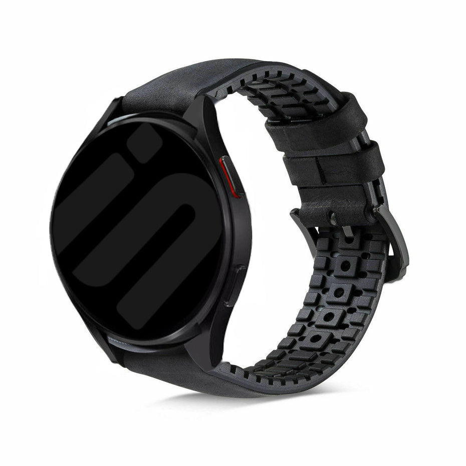 Leather Hybrid Strap, black, on a watch, 3/4 front view
