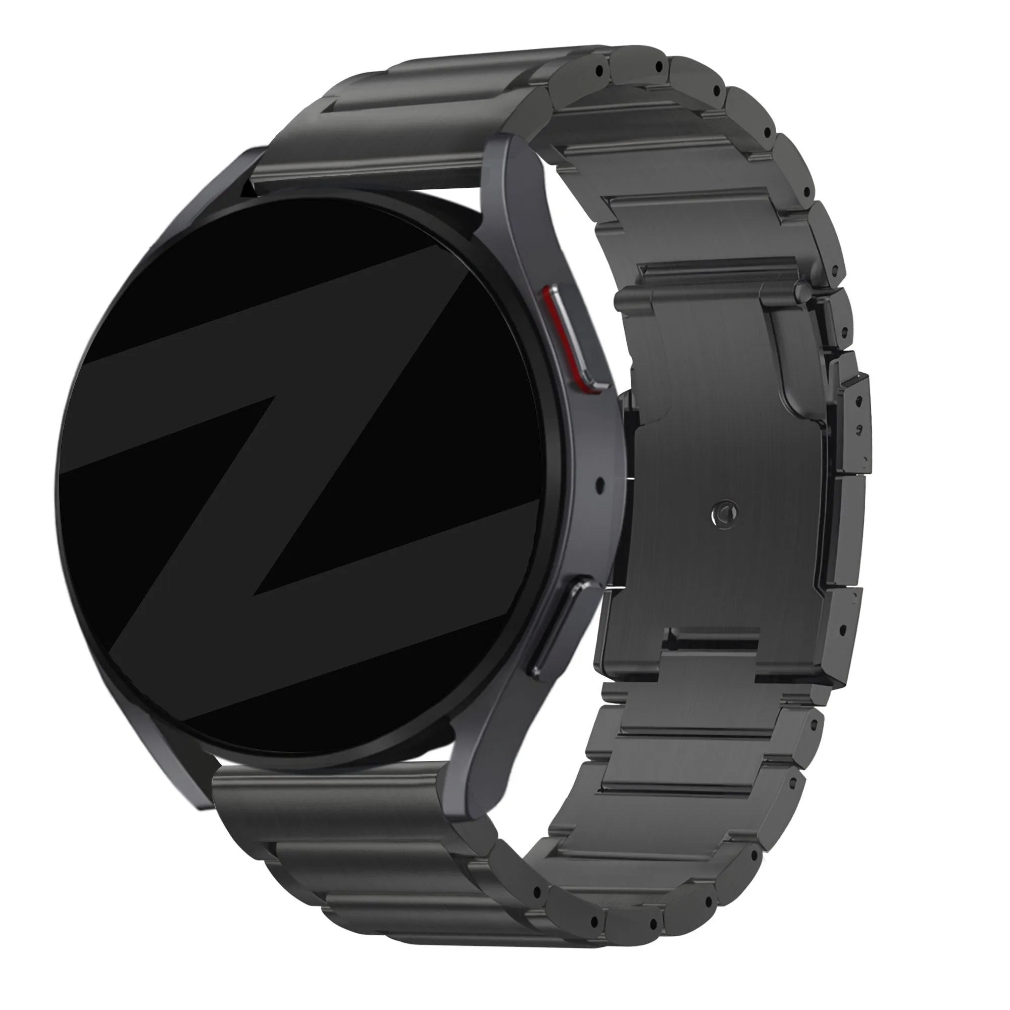 Titanium Link Strap, black, on a watch, 3/4 front view