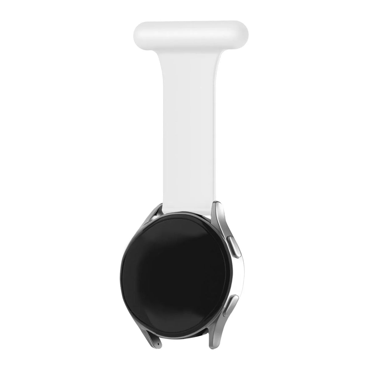 Silicone Nurse Fob, white, on a watch, 3/4 rear view