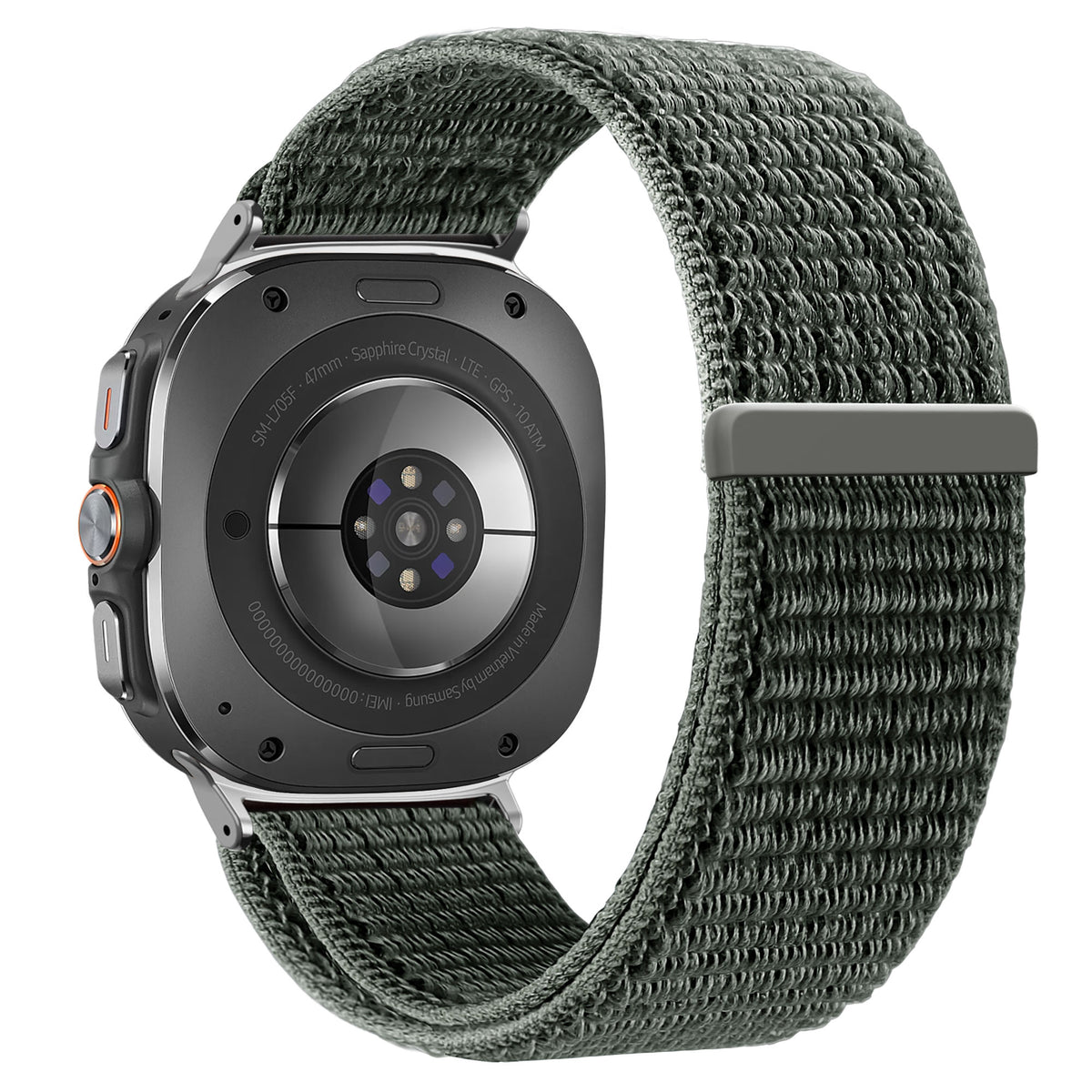 Nylon Loop Strap, grey-green, on a watch, 3/4 rear view