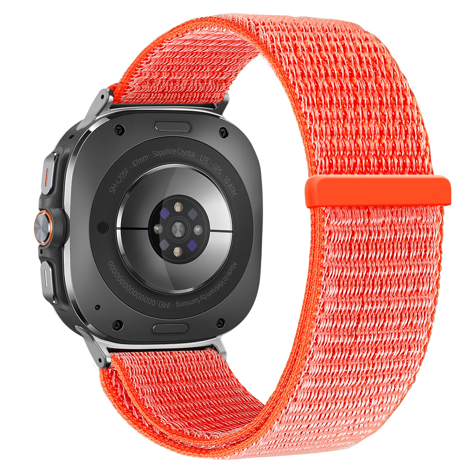 Nylon Loop Strap, orange, on a watch, 3/4 rear view