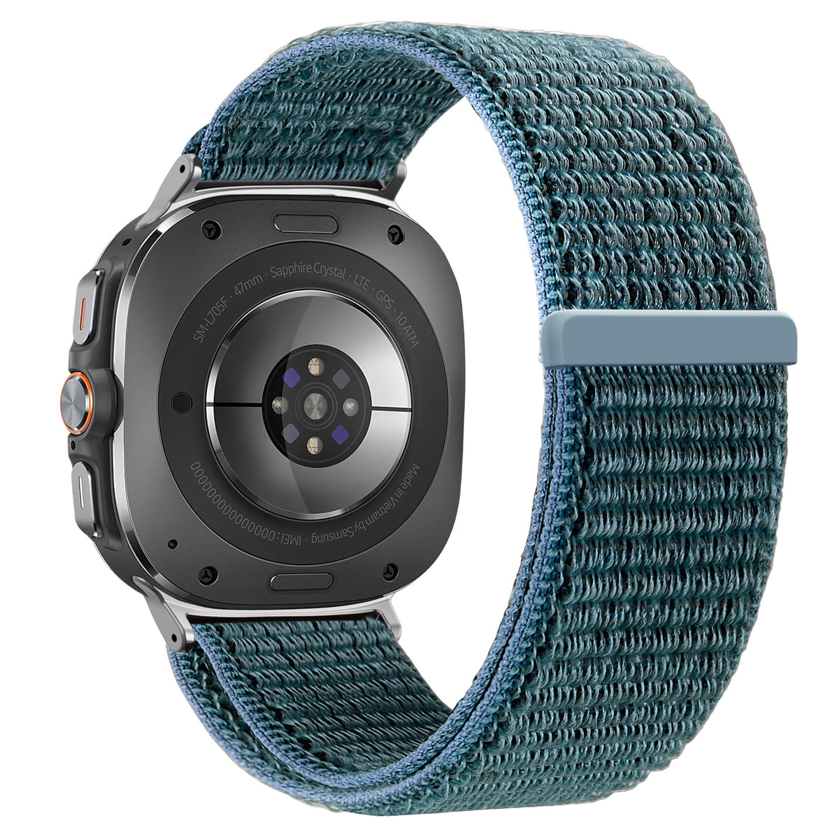Nylon Loop Strap, blue-green, on a watch, 3/4 rear view