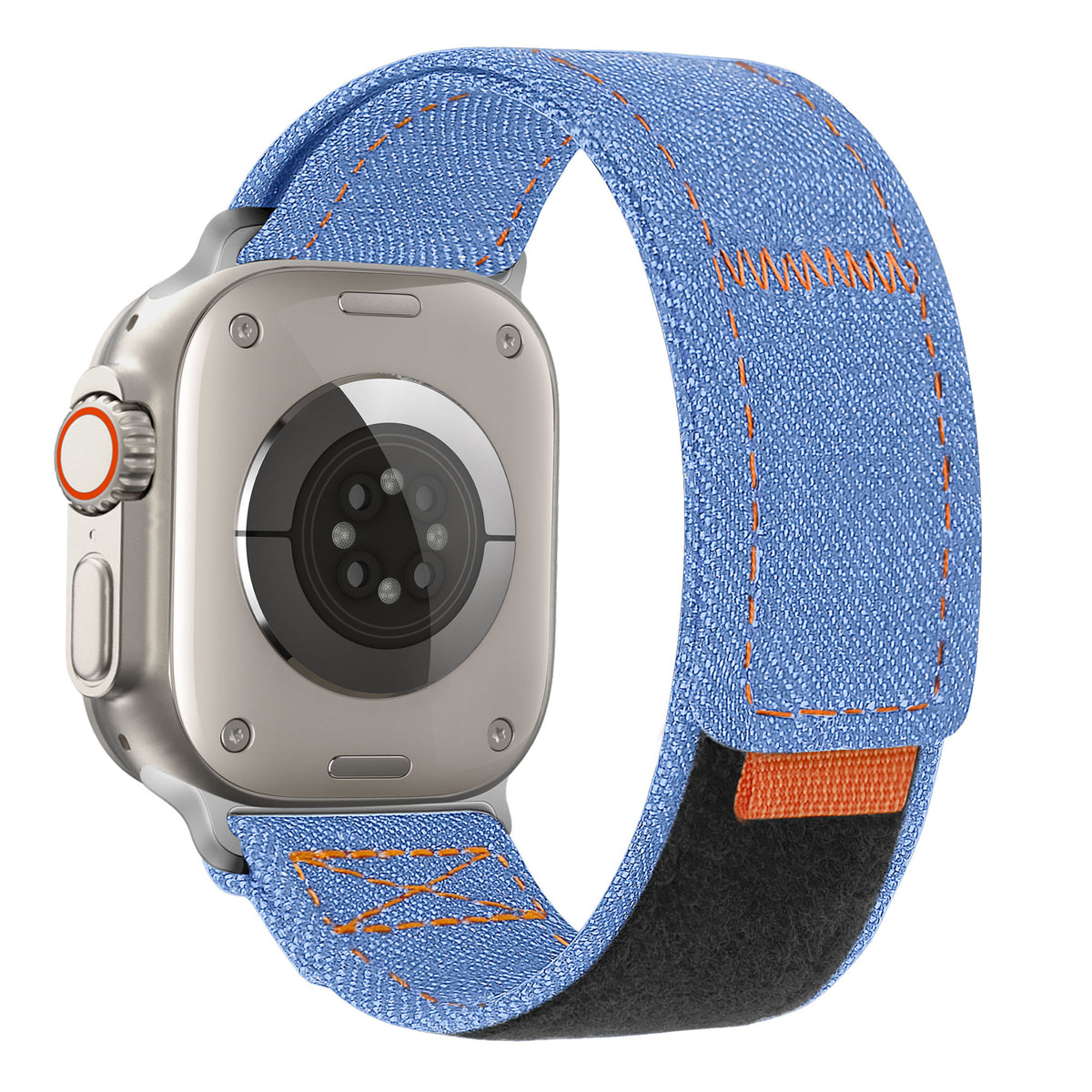 Nylon Denim Strap, light blue, on a watch, 3/4 rear view