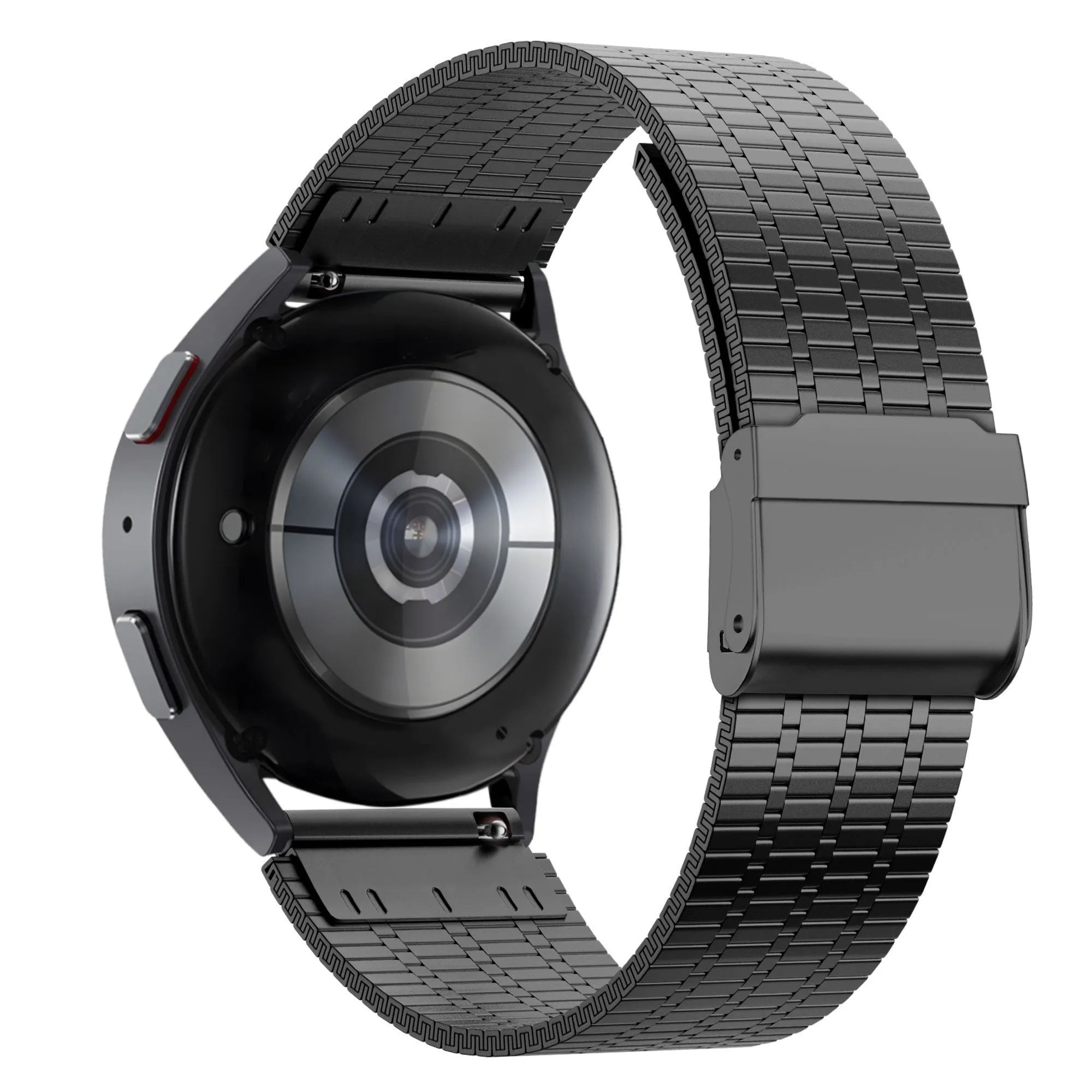 Adjustable Steel Strap, black, on a watch, 3/4 rear view