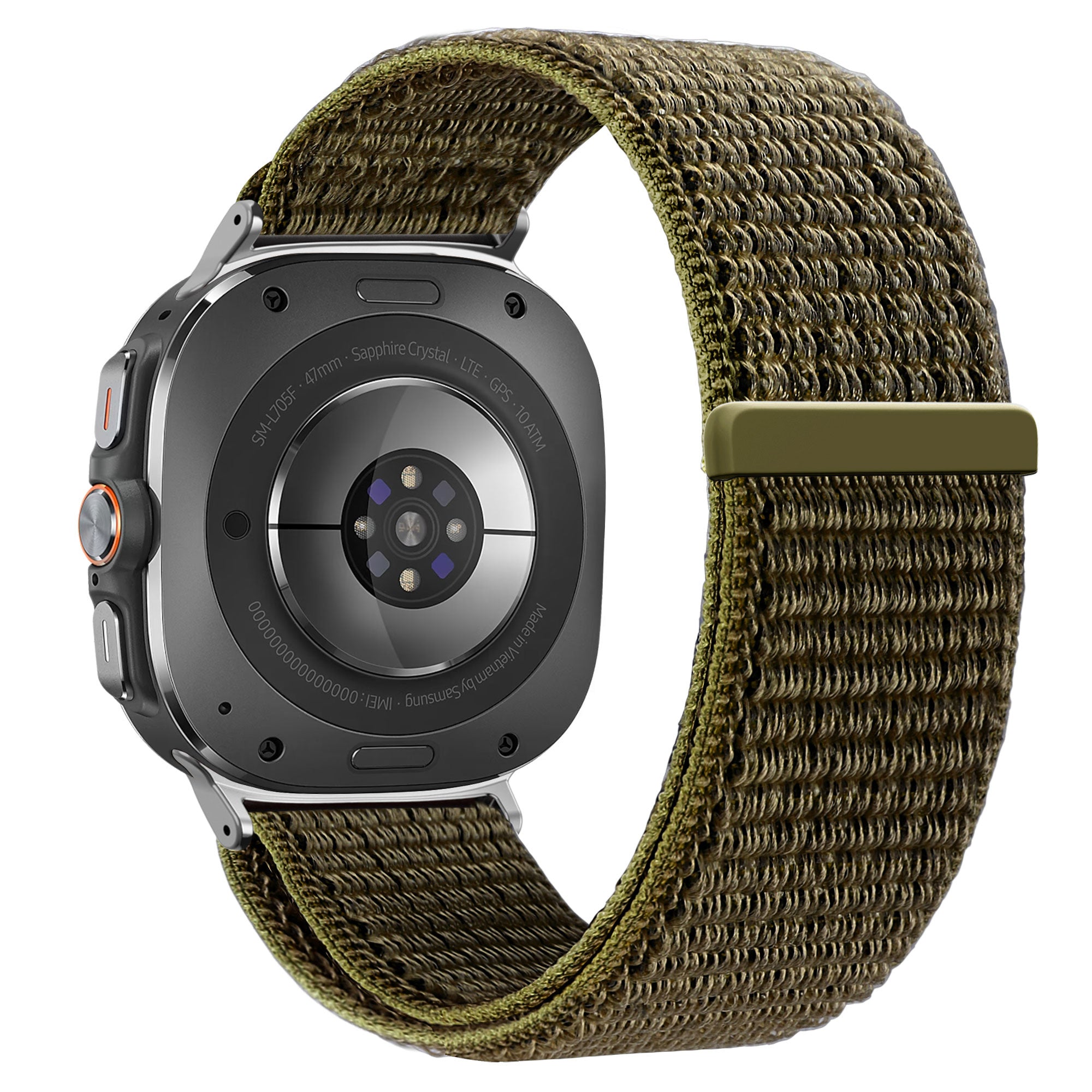 Nylon Loop Strap, olive, on a watch, 3/4 rear view