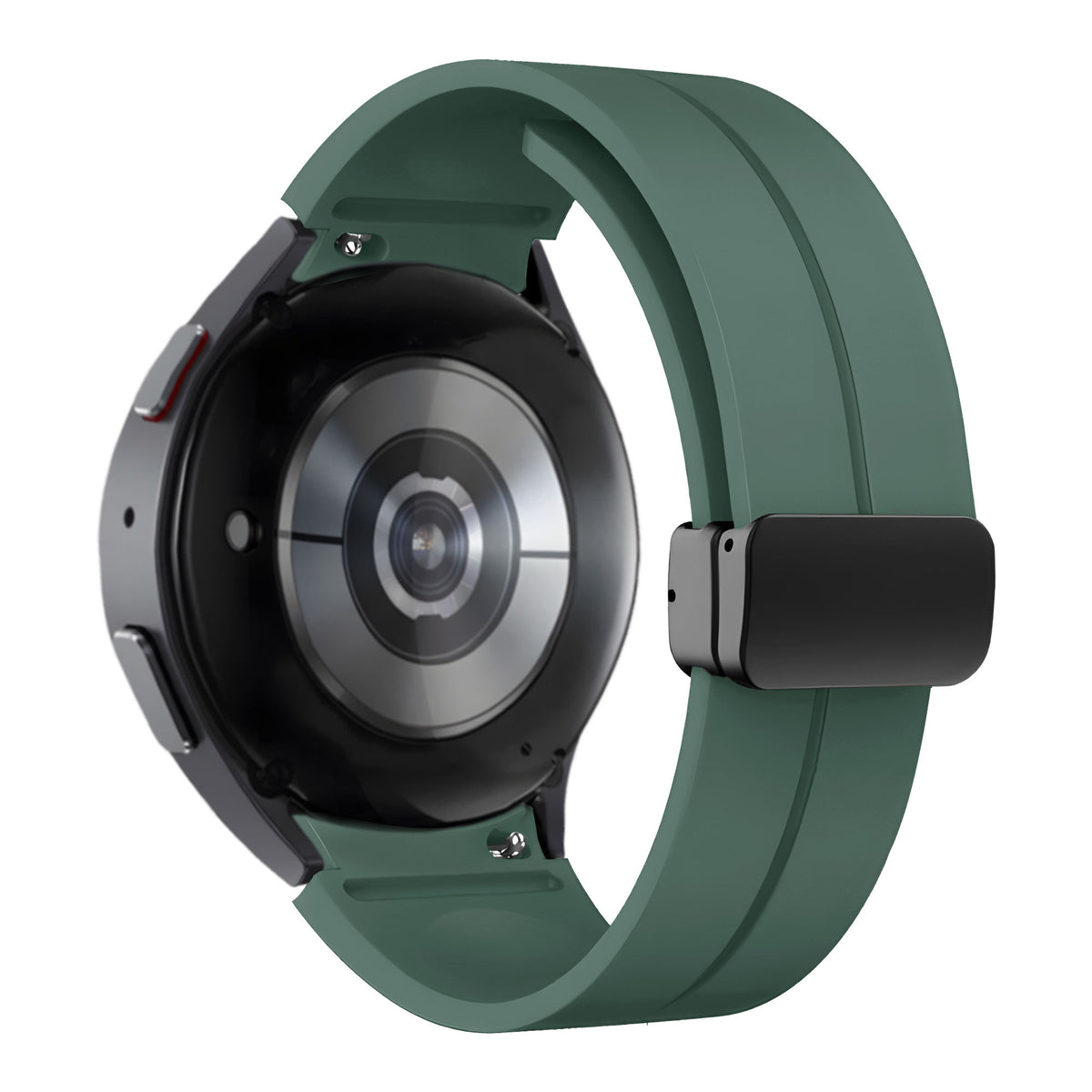 D-Buckle Silicone Strap, dark green, on a watch, 3/4 rear view