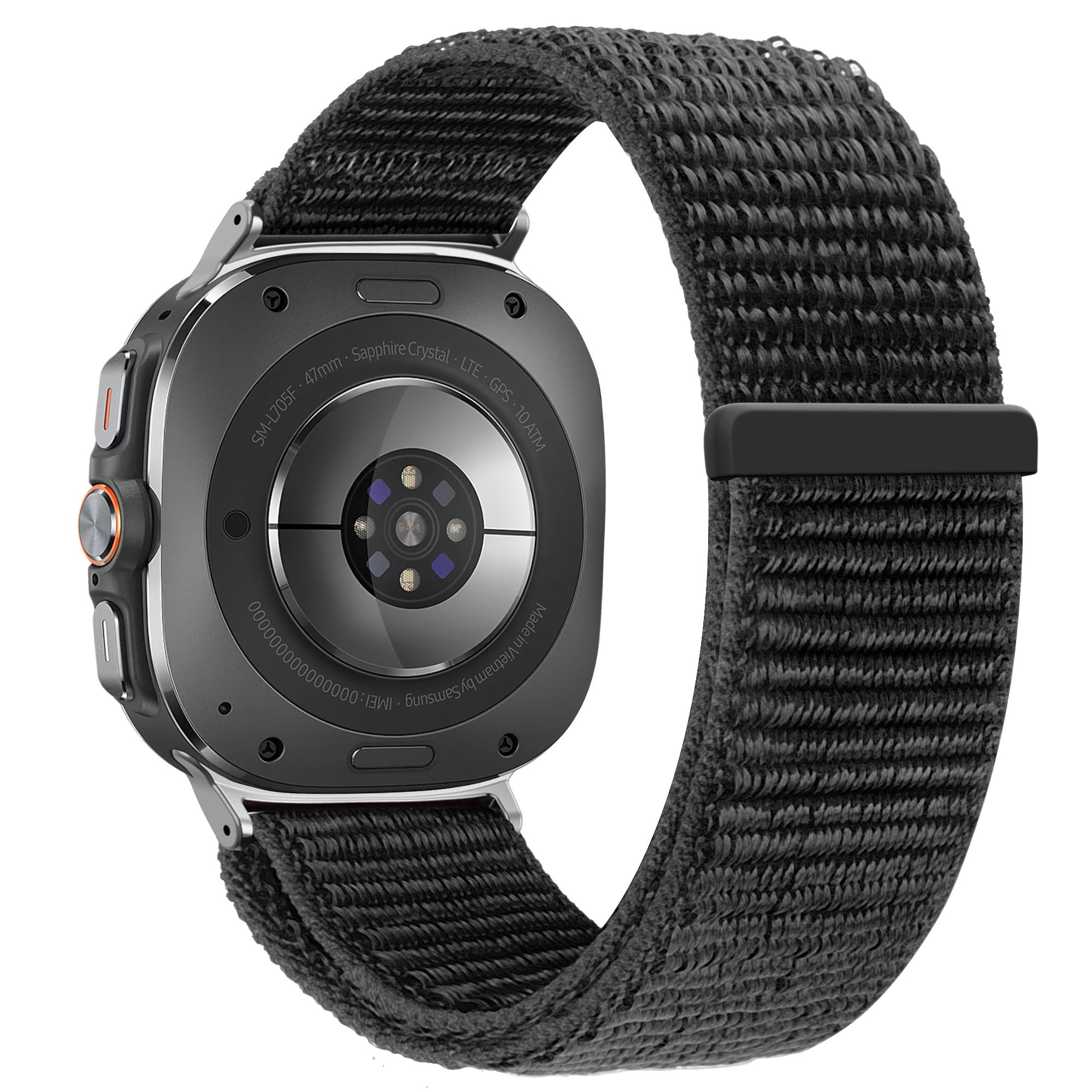Nylon Loop Strap, black, on a watch, 3/4 rear view