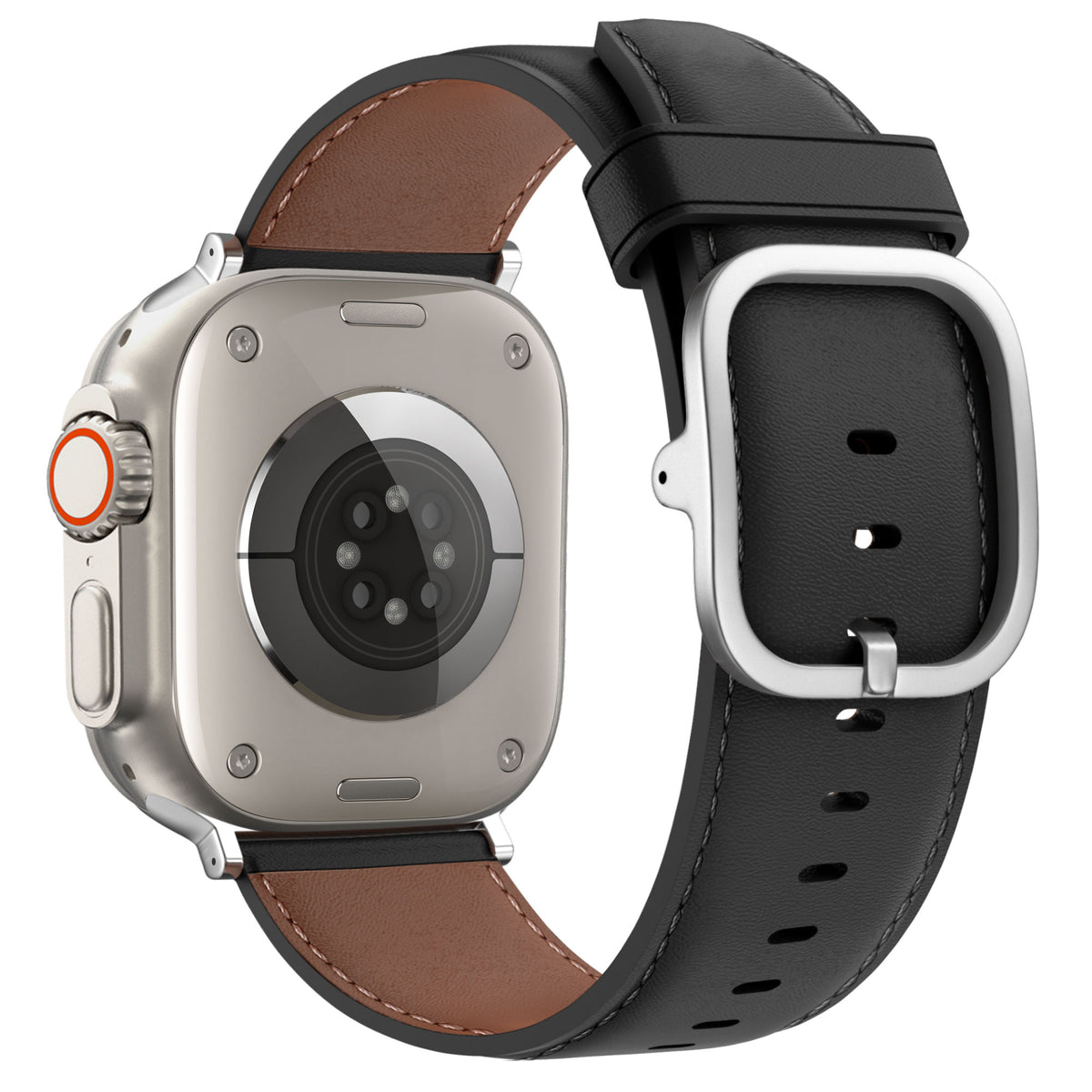 Leather Strap 'Classic', black, on a watch, 3/4 rear view