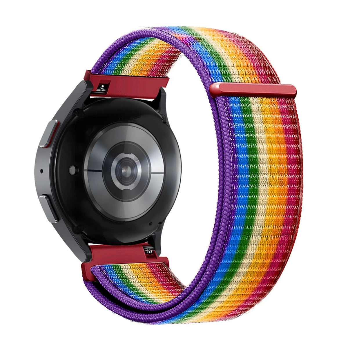 Nylon Loop Strap, rainbow, on a watch, 3/4 rear view