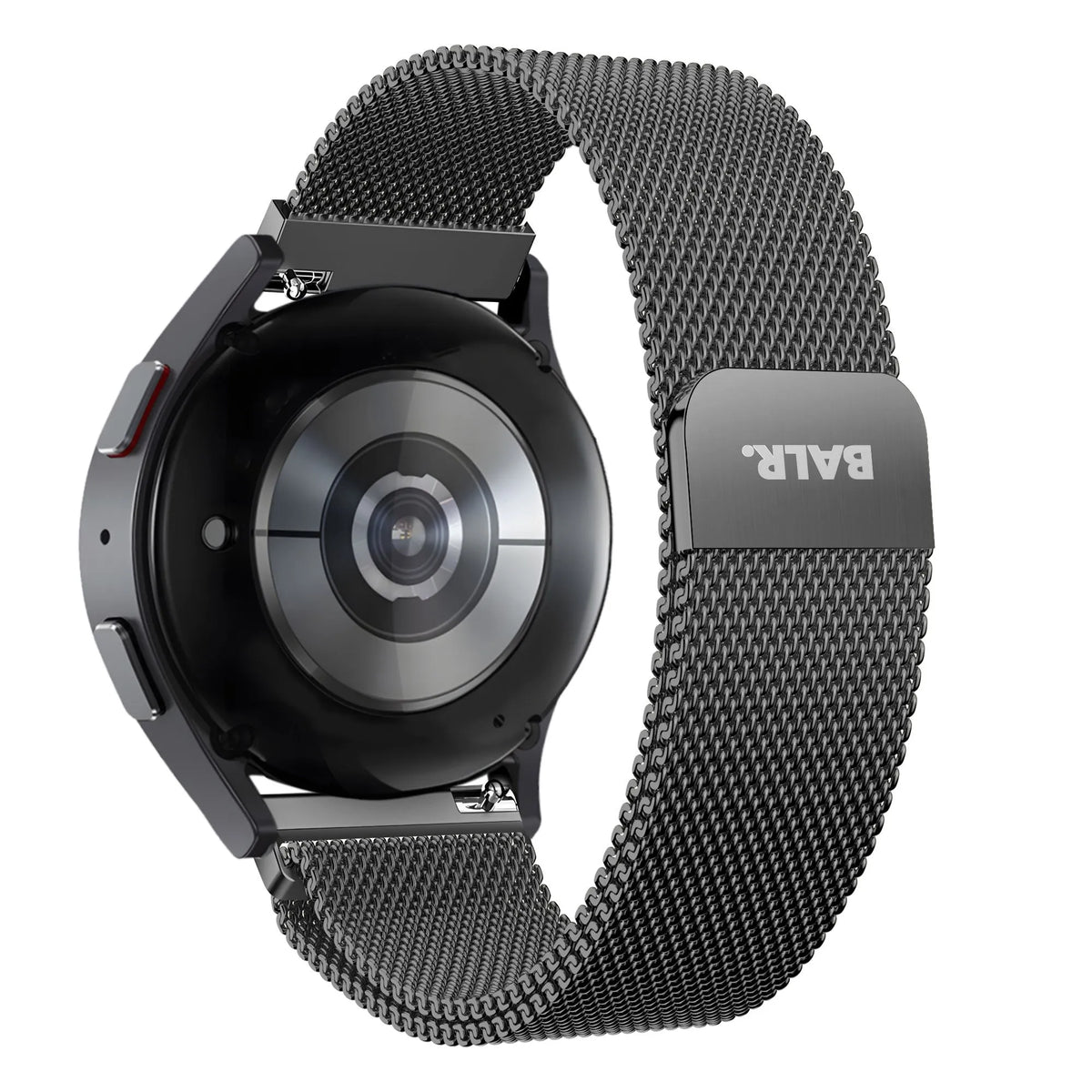 Milanese Strap, black, on a watch, 3/4 rear view