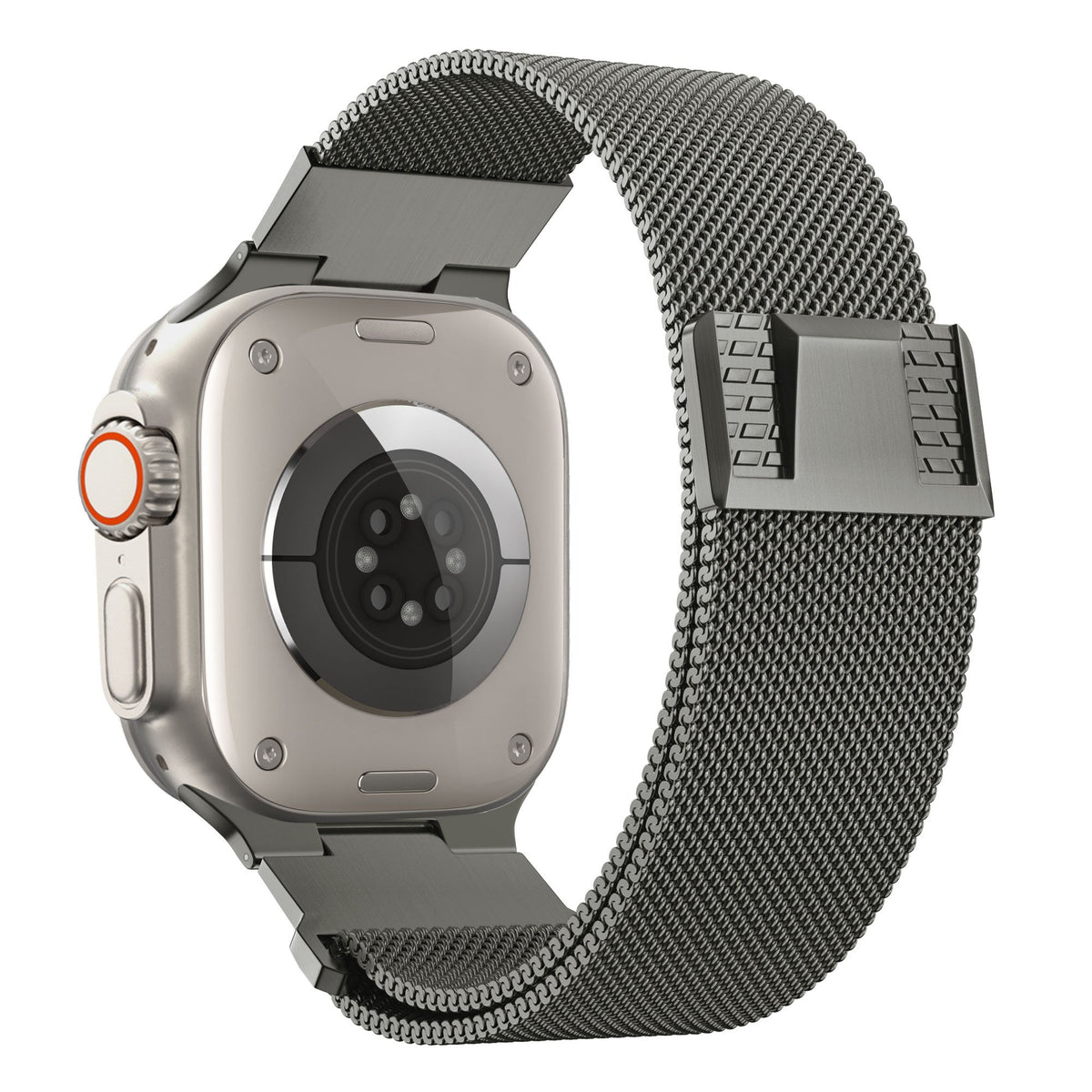 Milanese Strap 'Mecha', titanium grey, on a watch, 3/4 rear view