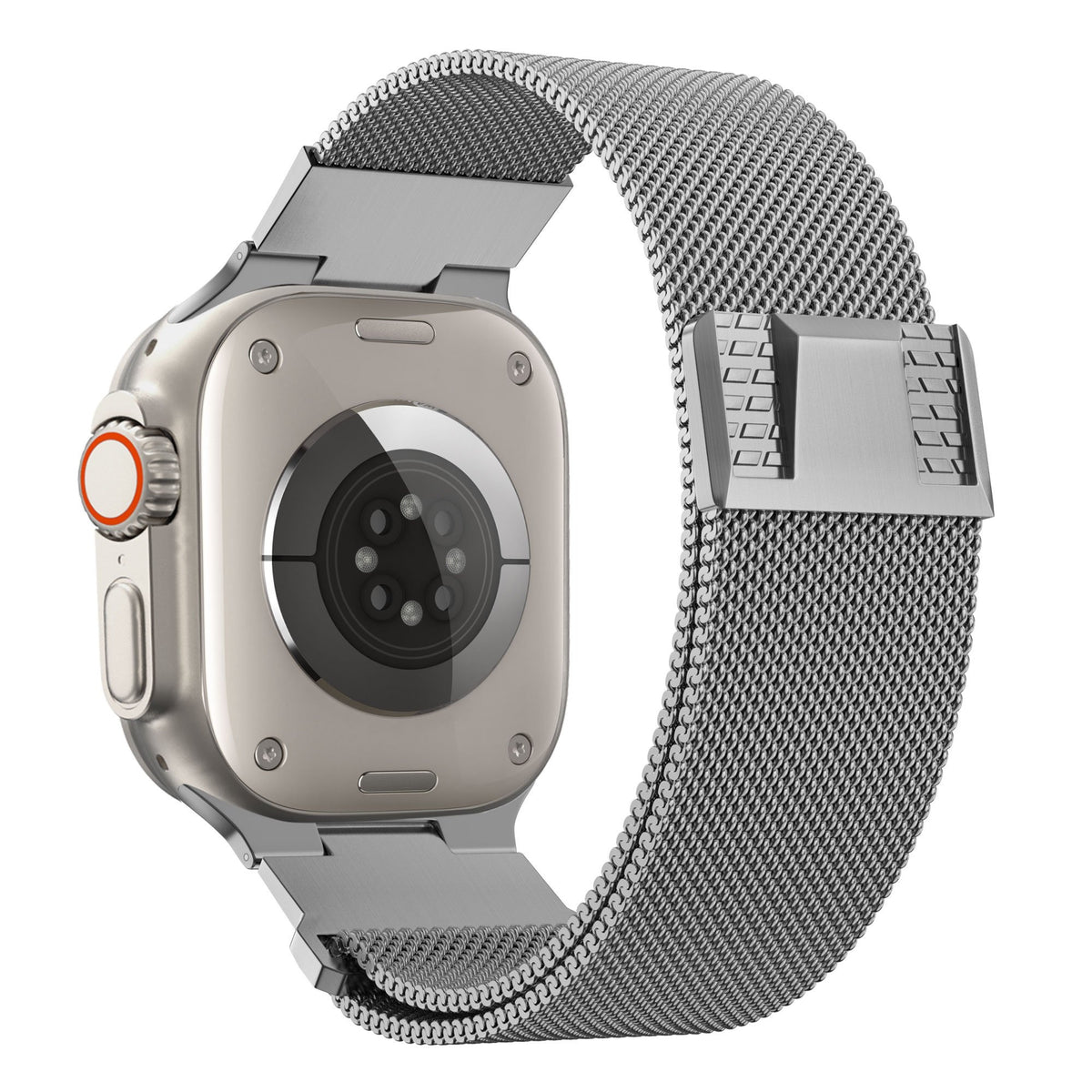 Milanese Strap 'Mecha', silver, on a watch, 3/4 rear view