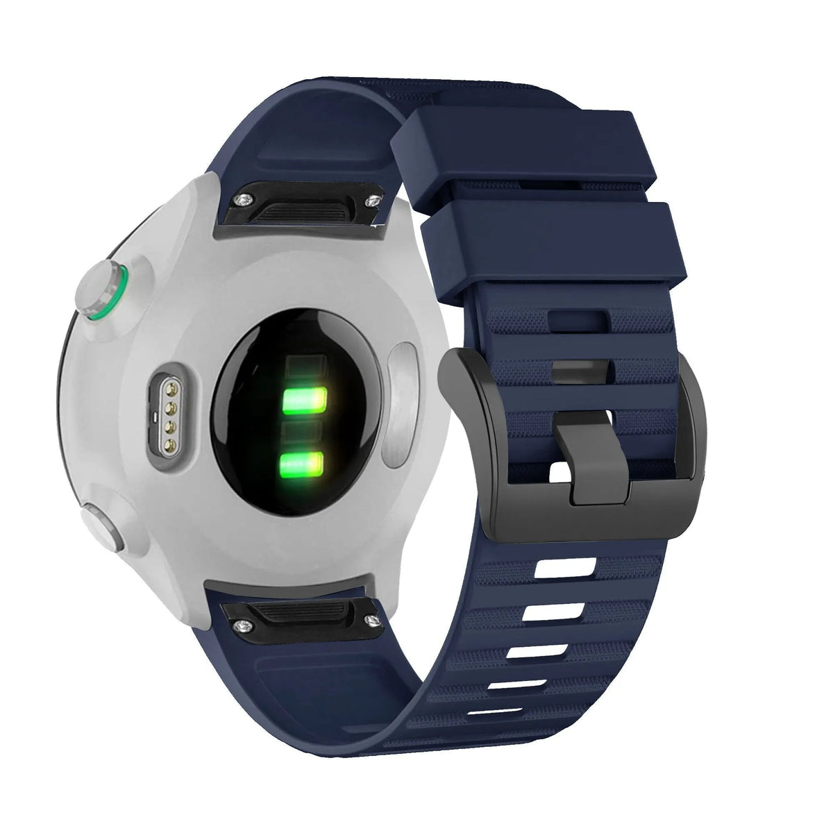 Buckled Silicone Strap, dark blue, on a watch, 3/4 rear view