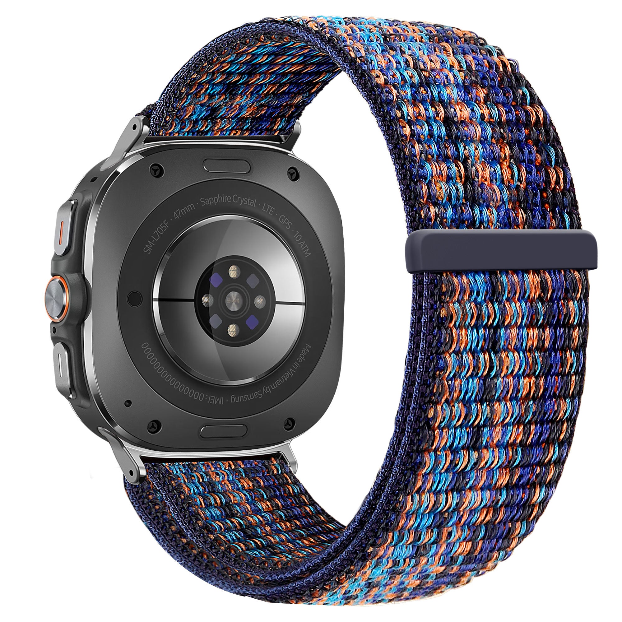 Nylon Loop Strap, blue mix, on a watch, 3/4 rear view