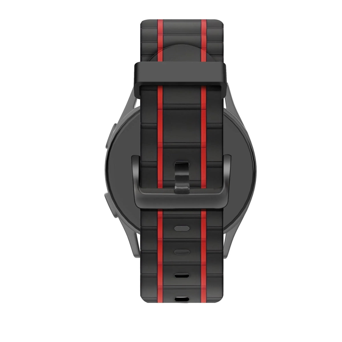 Silicone Sport Strap Striped, black/red, on a watch, 3/4 rear view