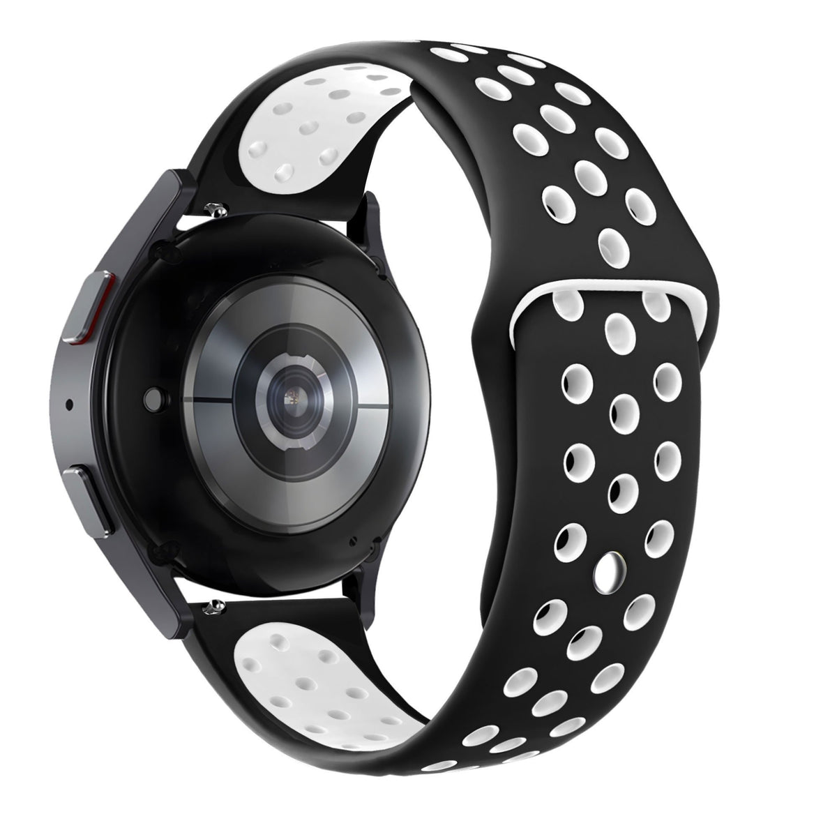 Silicone Sport Strap 'Deluxe', black/white, on a watch, 3/4 rear view