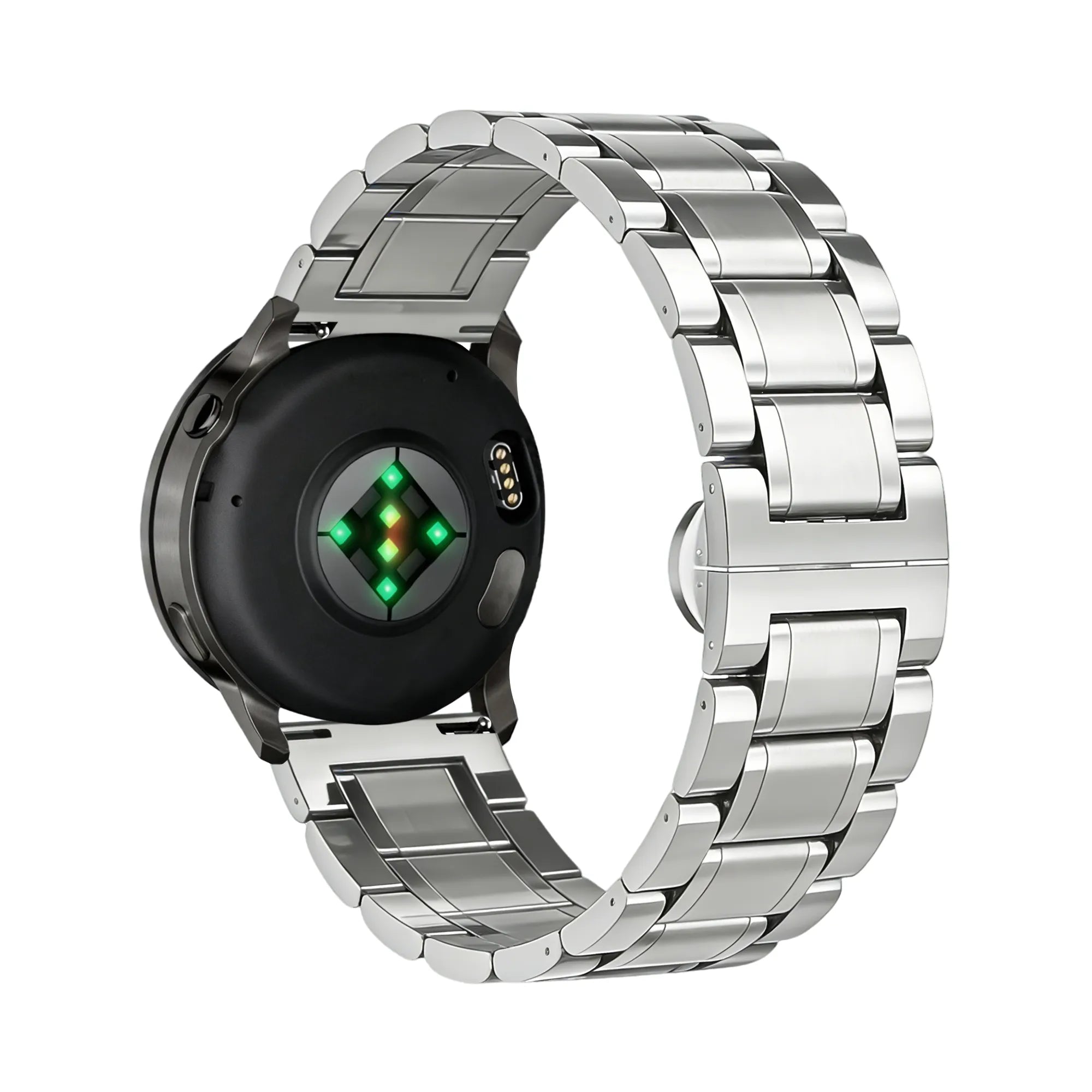 Steel Link Strap 'Deluxe', silver, on a watch, 3/4 rear view