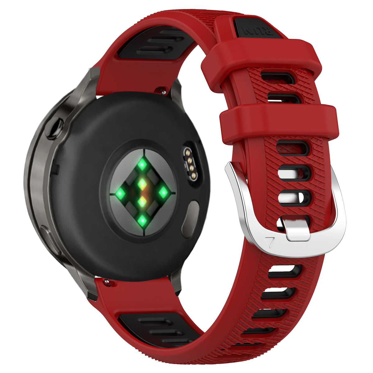 Silicone Buckled dual sport strap, red/black, on a watch, 3/4 rear view