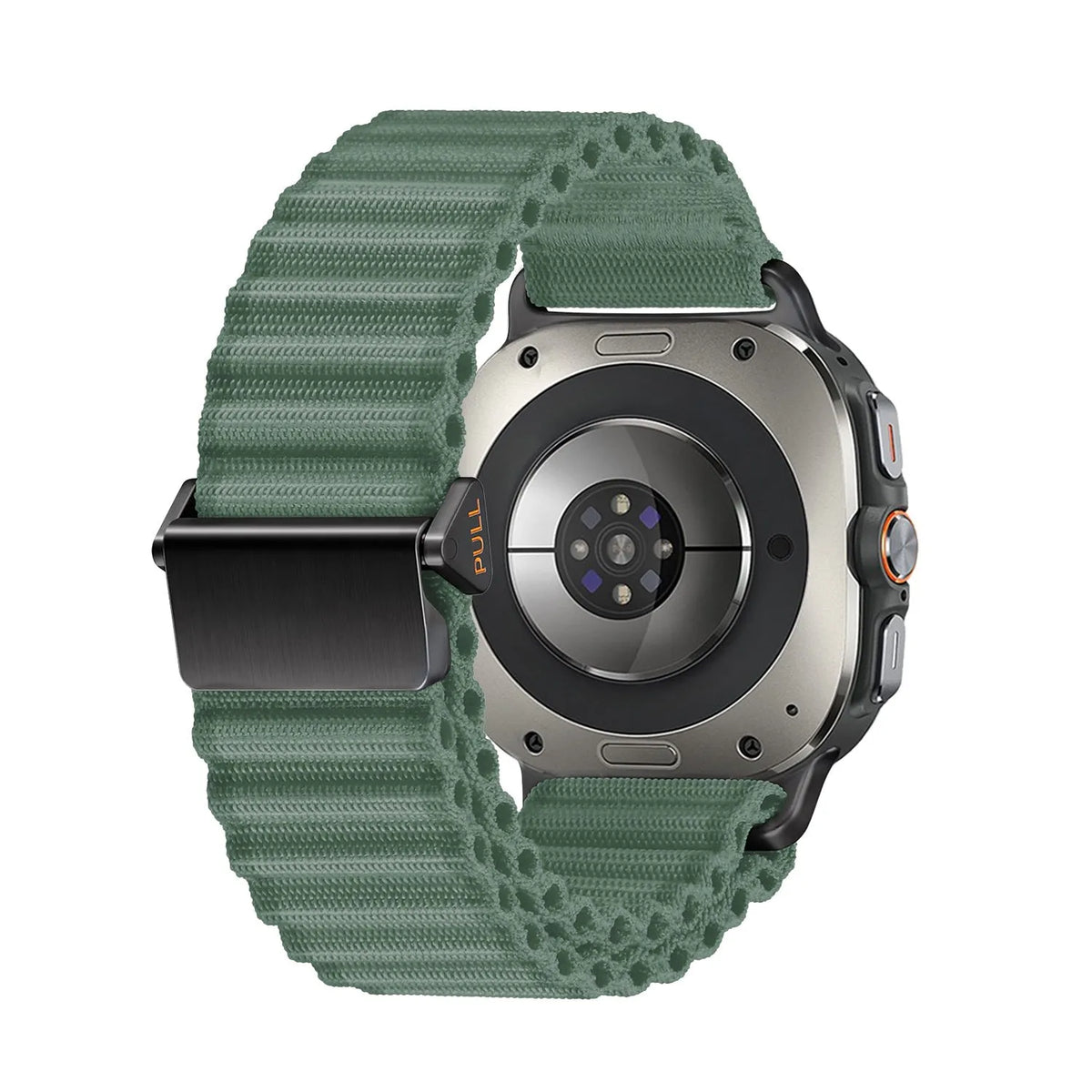 Outdoor Nylon Strap, dark green, on a watch, 3/4 rear view