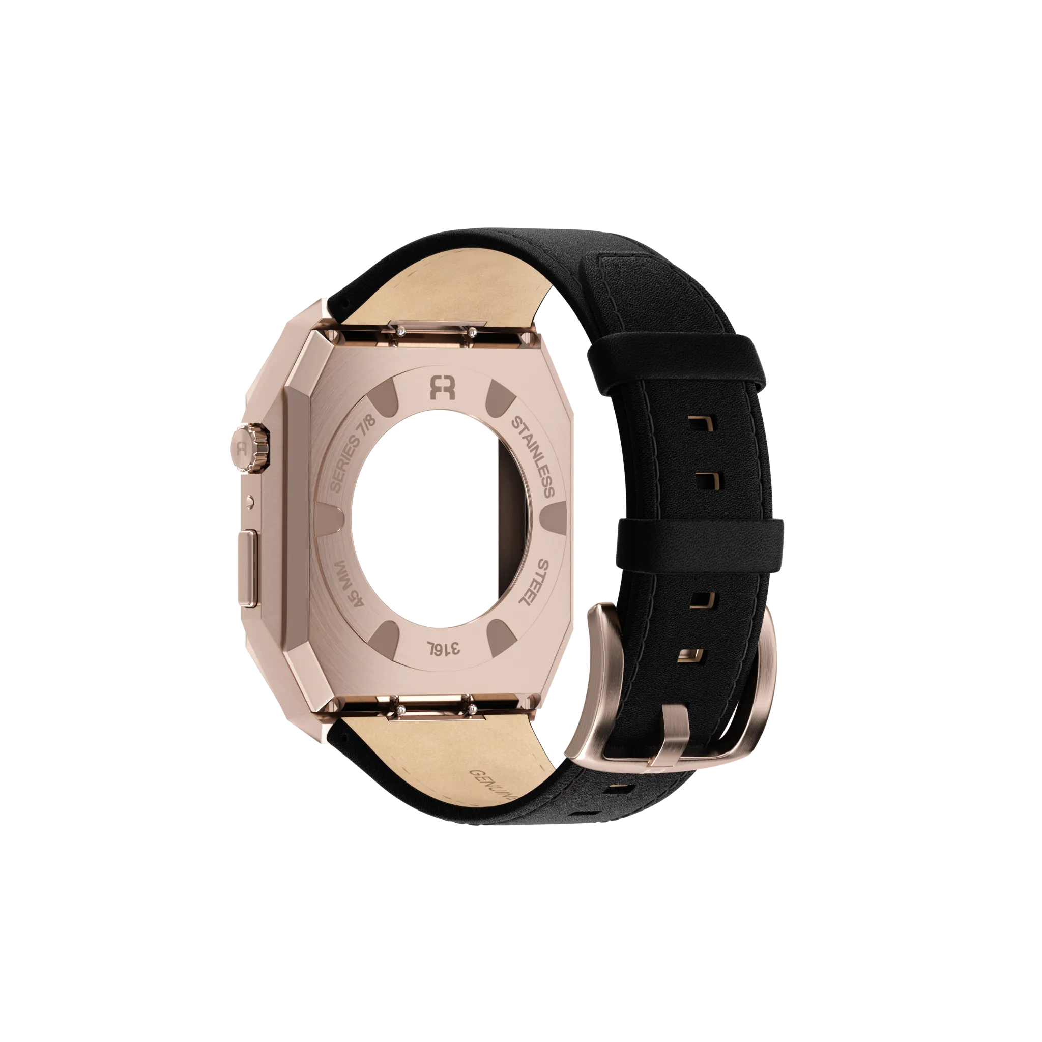 Reqior Apple Watch 45mm metalen case met leren band (roségoud/zwart)