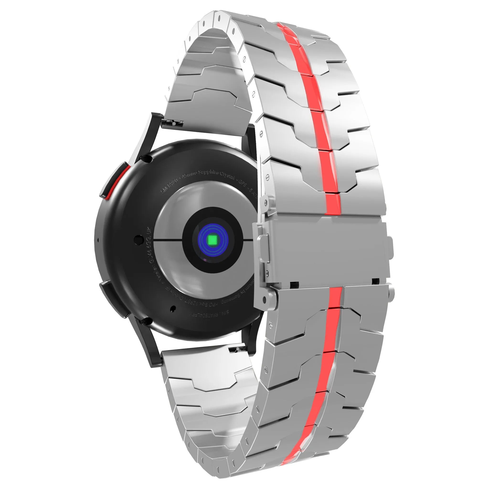 Steel Iron Strap, silver/red, on a watch, 3/4 rear view