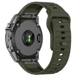 Outdoor Silicone Strap, army green, on a watch, 3/4 rear view