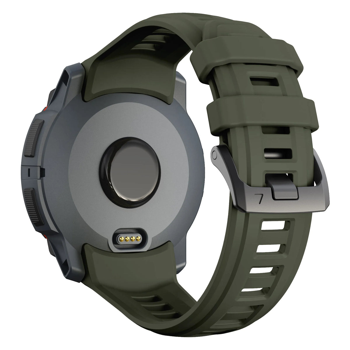 Silicone Strap, army green, on a watch, 3/4 rear view