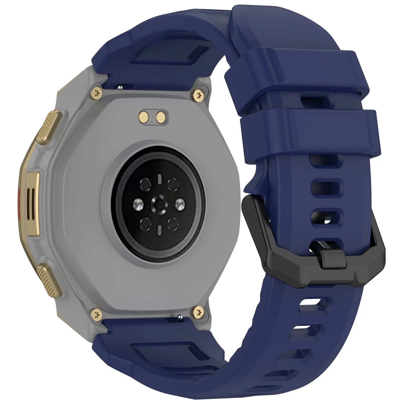 Silicone Strap, dark blue, on a watch, 3/4 rear view