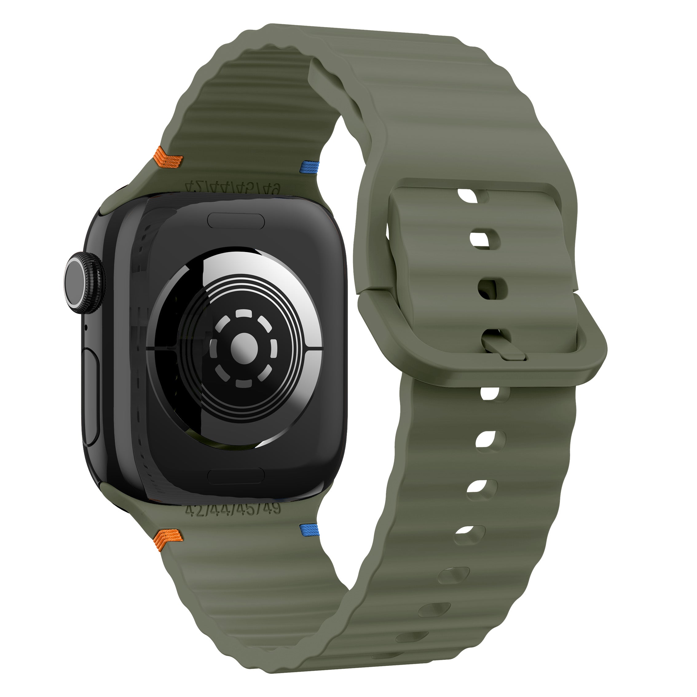 Wave Silicone Strap, dark green, on a watch, 3/4 rear view