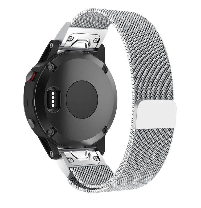 Milanese Strap, silver, on a watch, 3/4 rear view