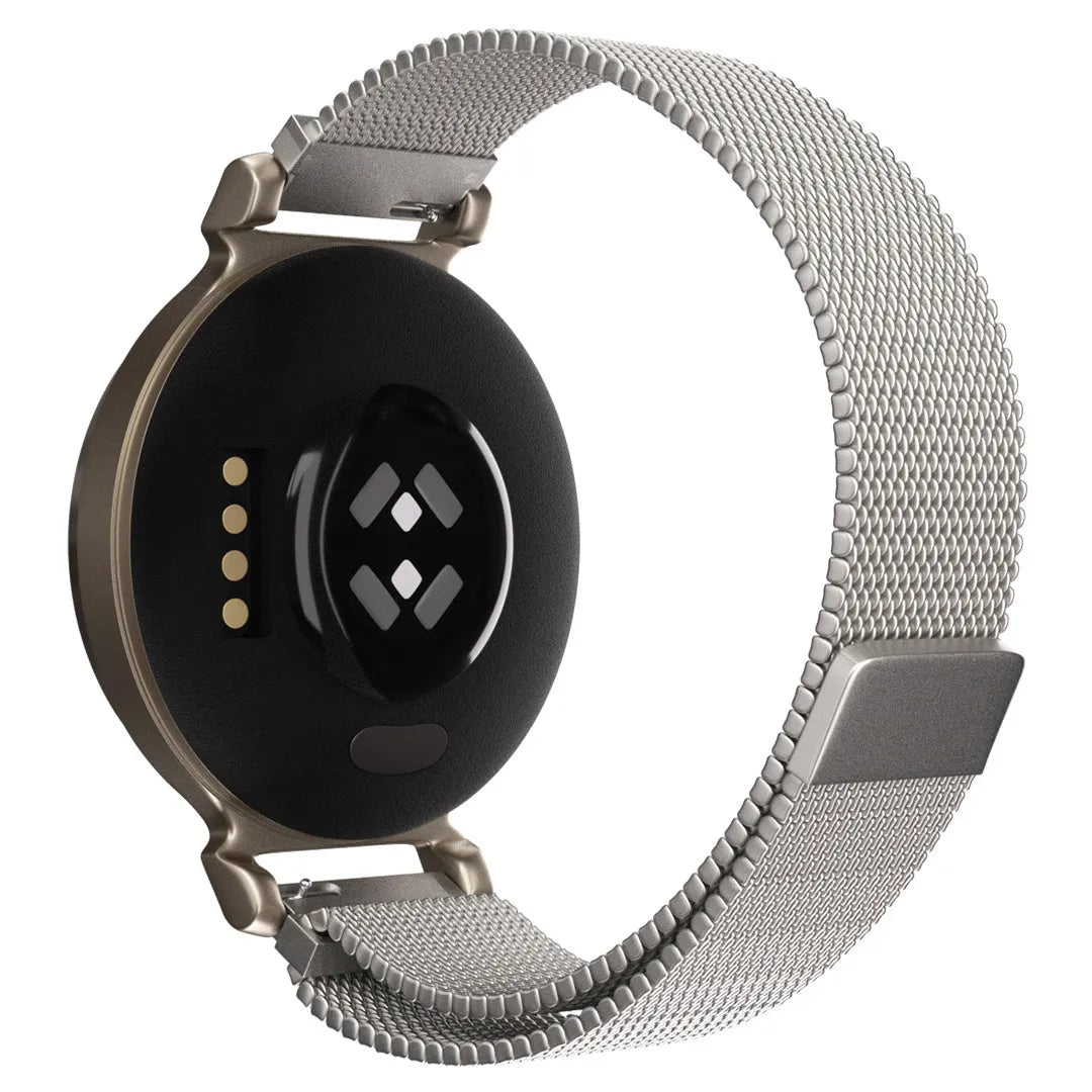 Milanese Strap, starlight, on a watch, 3/4 rear view