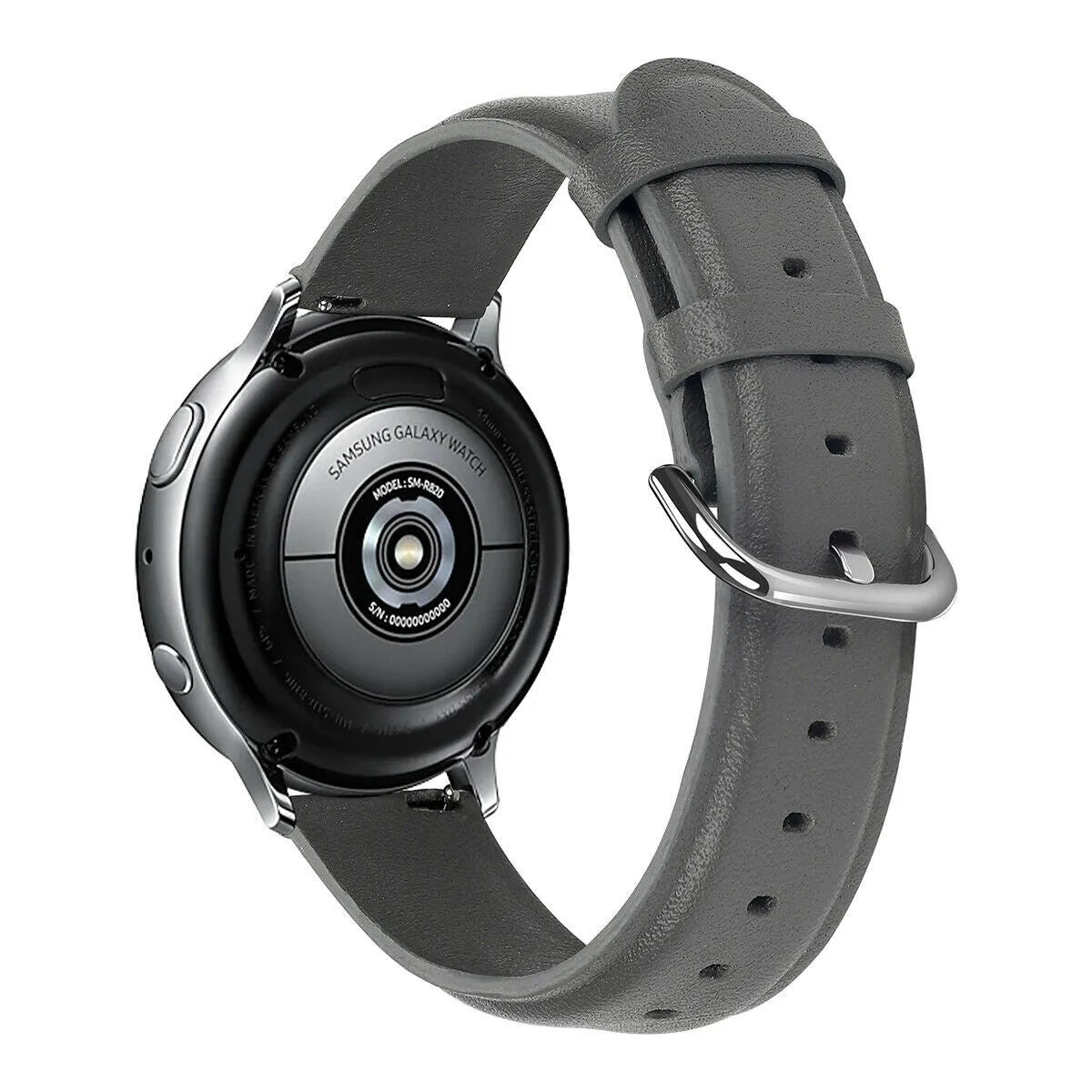 Leather Strap, dark grey, on a watch, 3/4 rear view