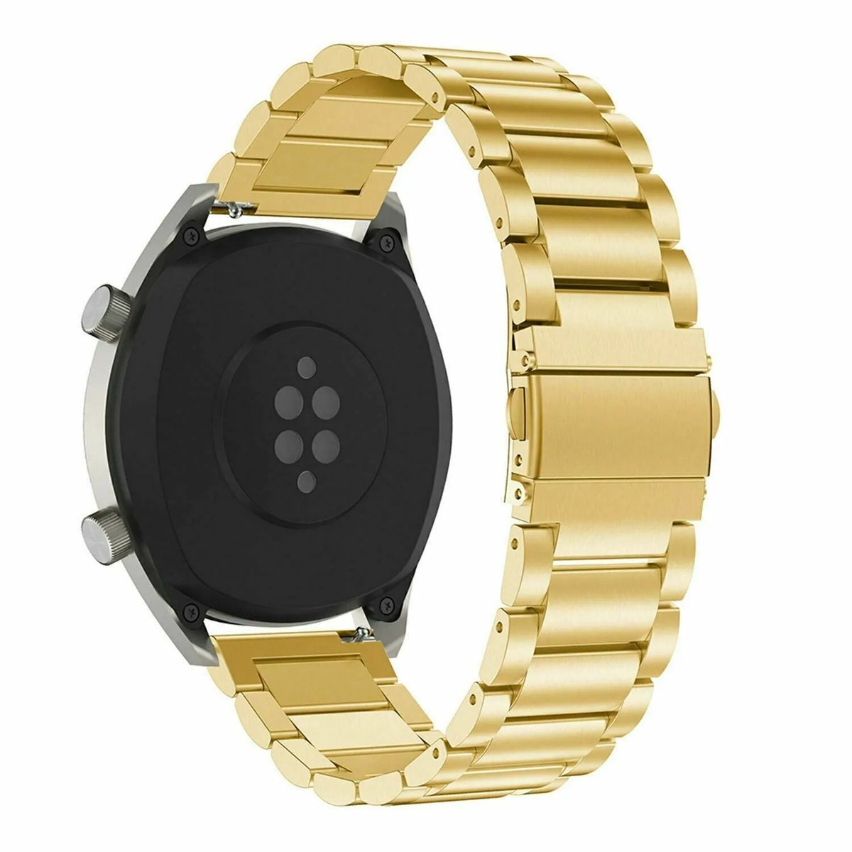 Steel Strap, gold, on a watch, 3/4 rear view