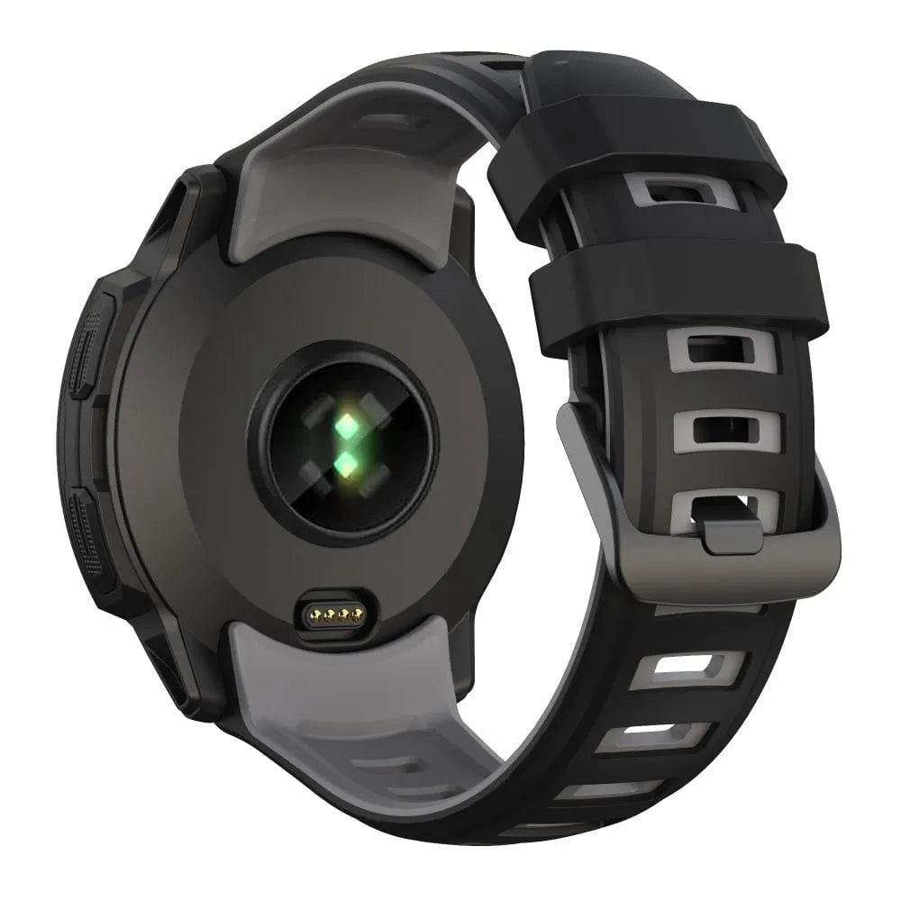 Silicone Sport Strap, black/grey, on a watch, 3/4 rear view