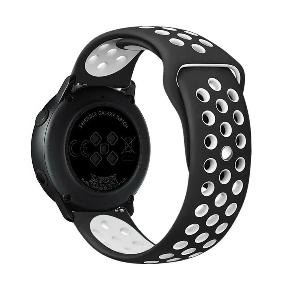 Silicone Sport Strap, black/white, on a watch, 3/4 rear view