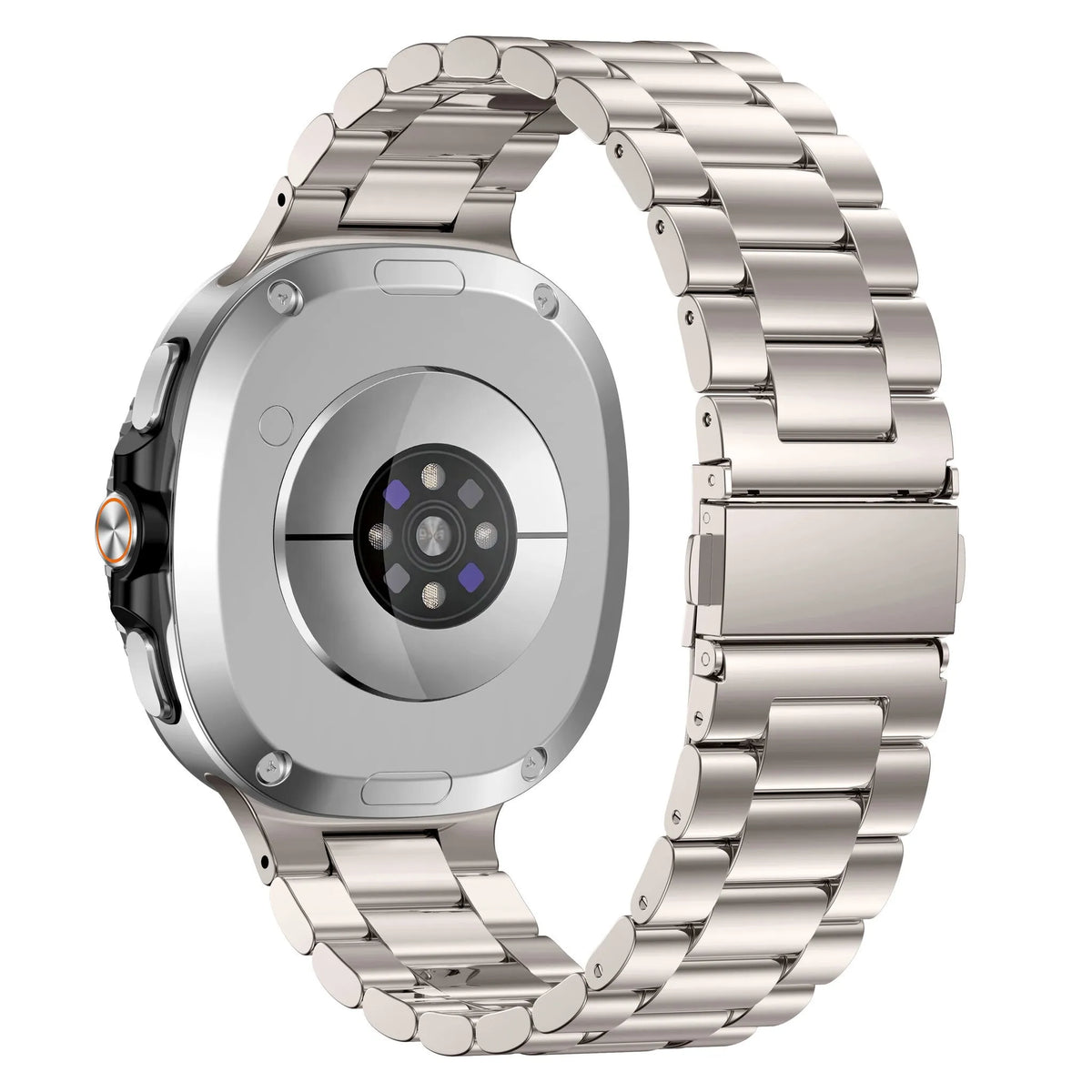 Steel Strap, starlight, on a watch, 3/4 rear view