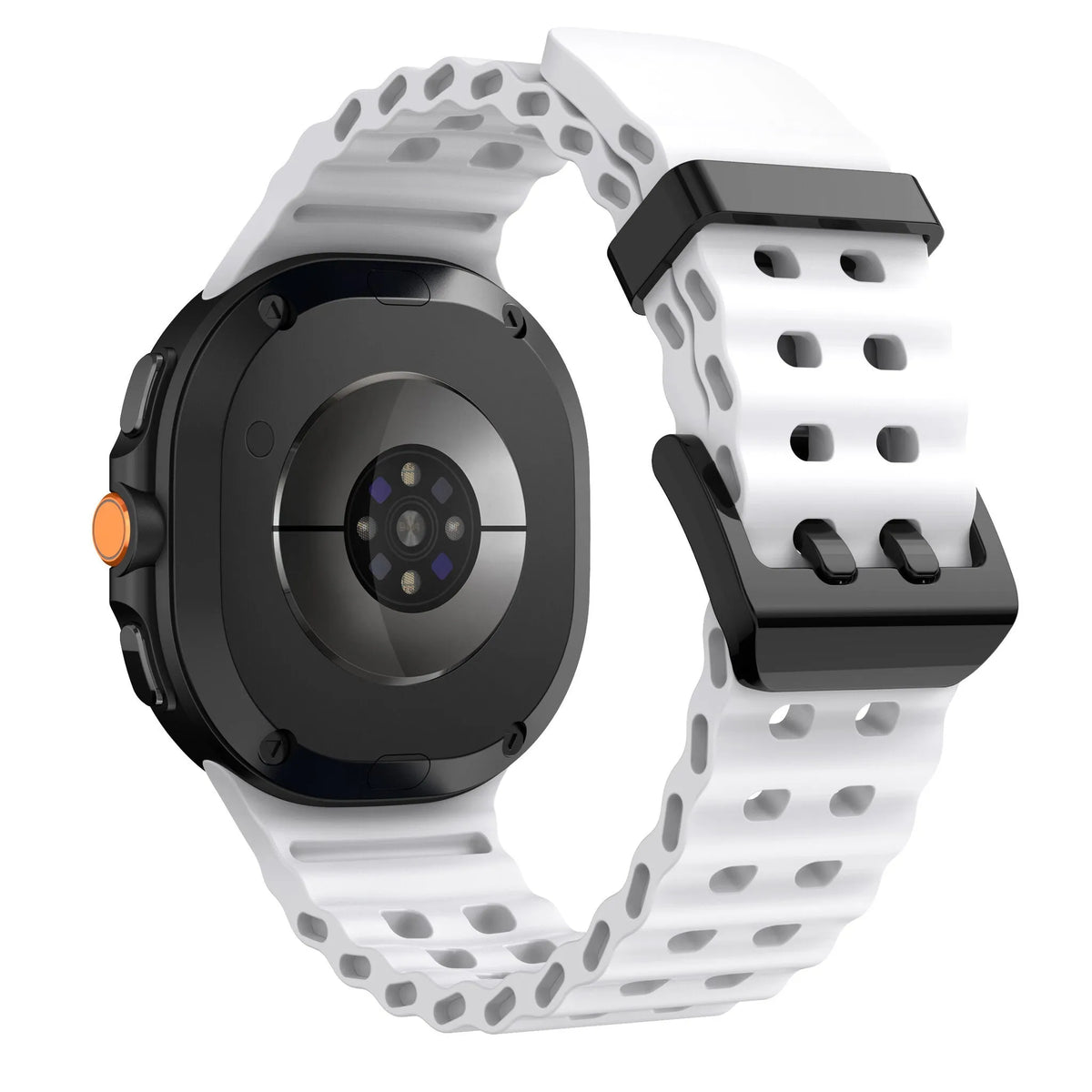 Silicone Ocean Strap, white, on a watch, 3/4 rear view
