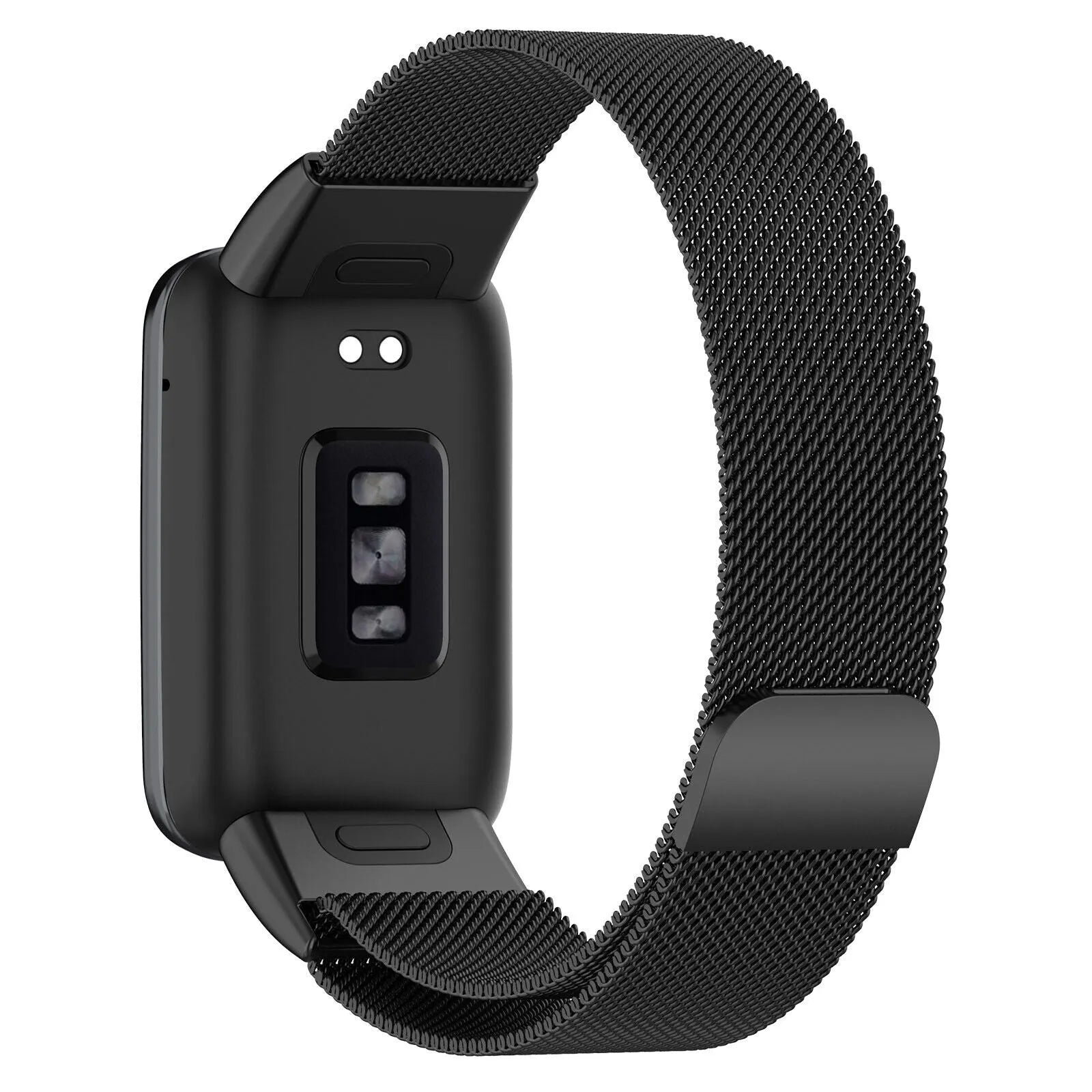 Milanese Strap, black, on a watch, 3/4 rear view