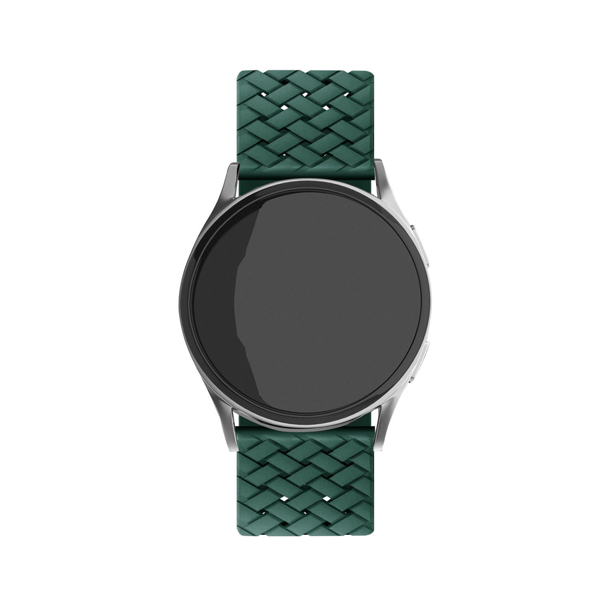 Braided Silicone Strap, dark green, on a watch, direct front view