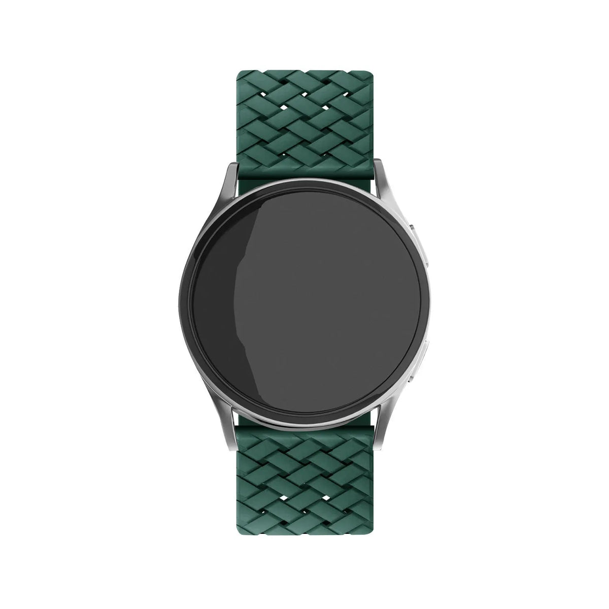 Braided Silicone Strap, dark green, on a watch, direct front view