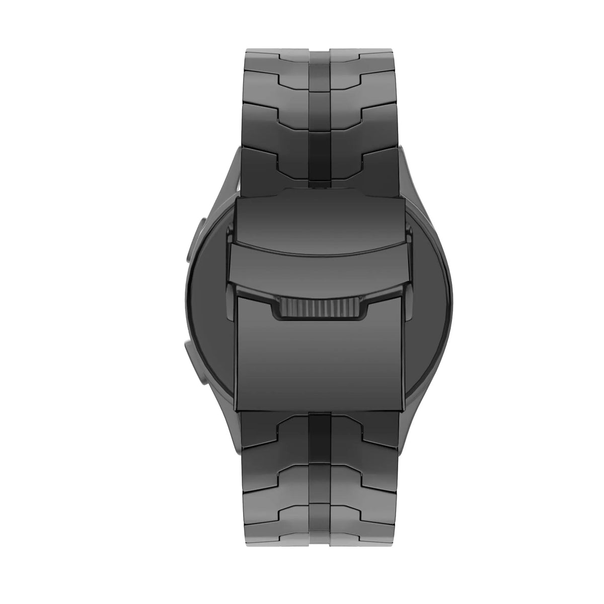 Steel Strap 'Iron', black, on a watch, direct front view