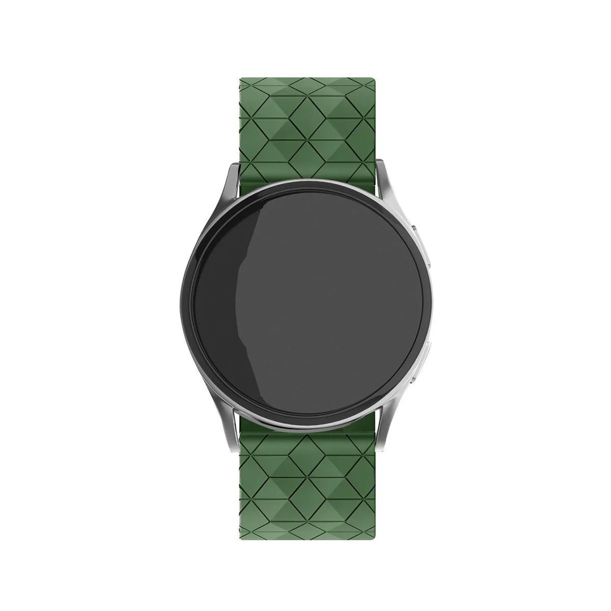 Silicone Strap Hexagons, army green, on a watch, direct front view