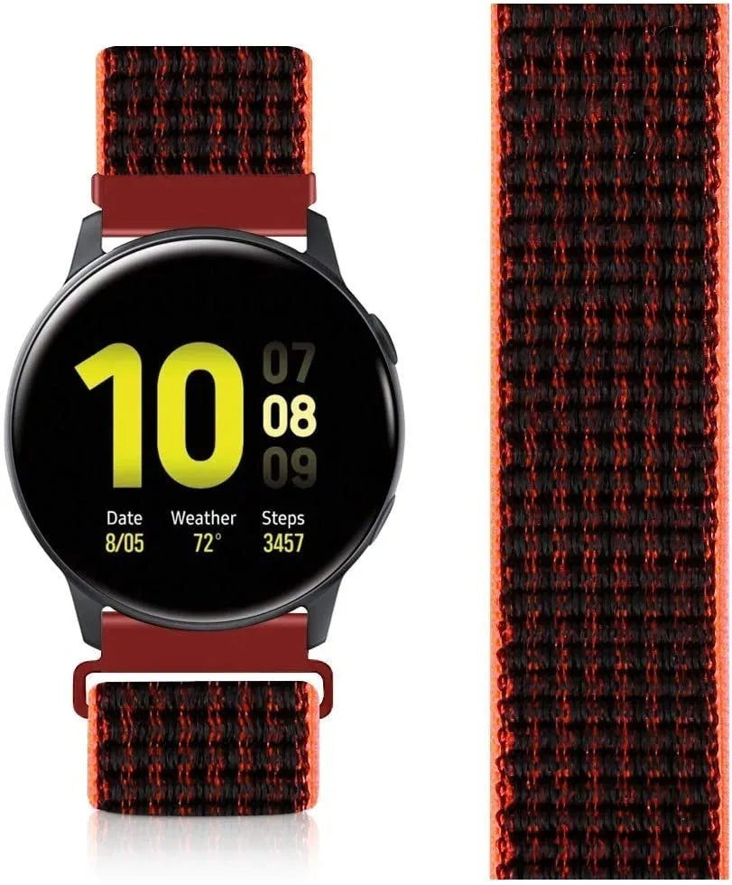 Nylon Strap, black/coral, on a watch, direct front view