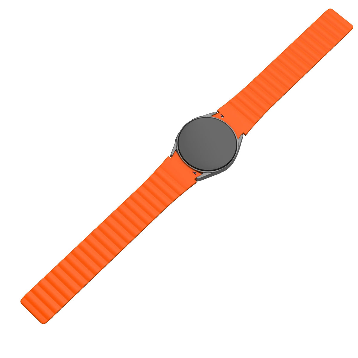 Magnetic Silicone Strap, grey/orange, on a watch, direct front view