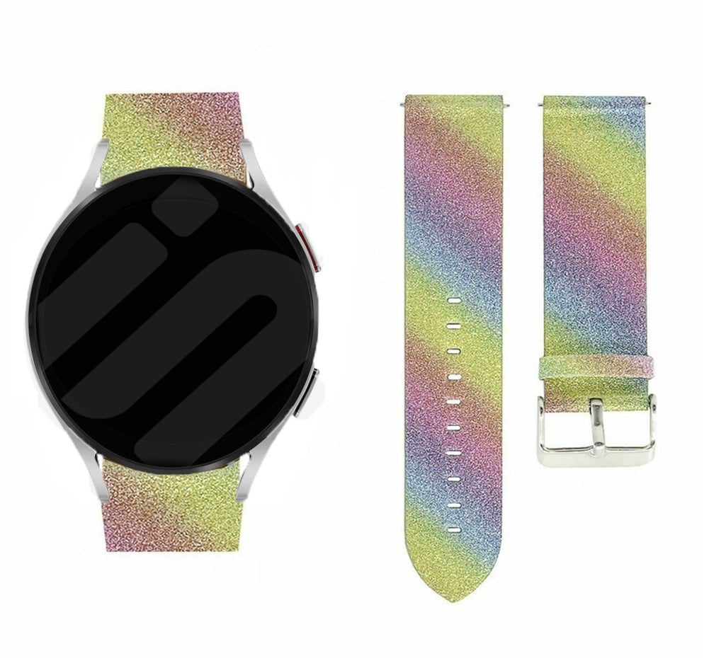 Leather Strap with Glitters, rainbow, on a watch, direct front view