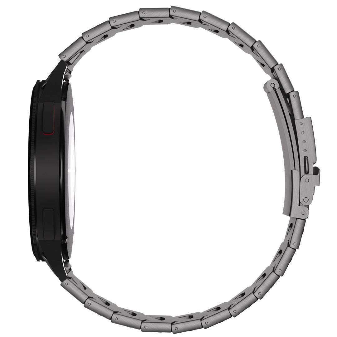 Titanium Strap 'Iron', graphite, on a watch, direct front view