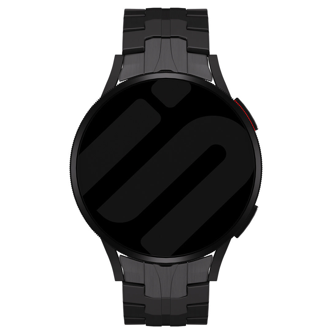 Titanium Strap 'Iron', black, on a watch, direct front view