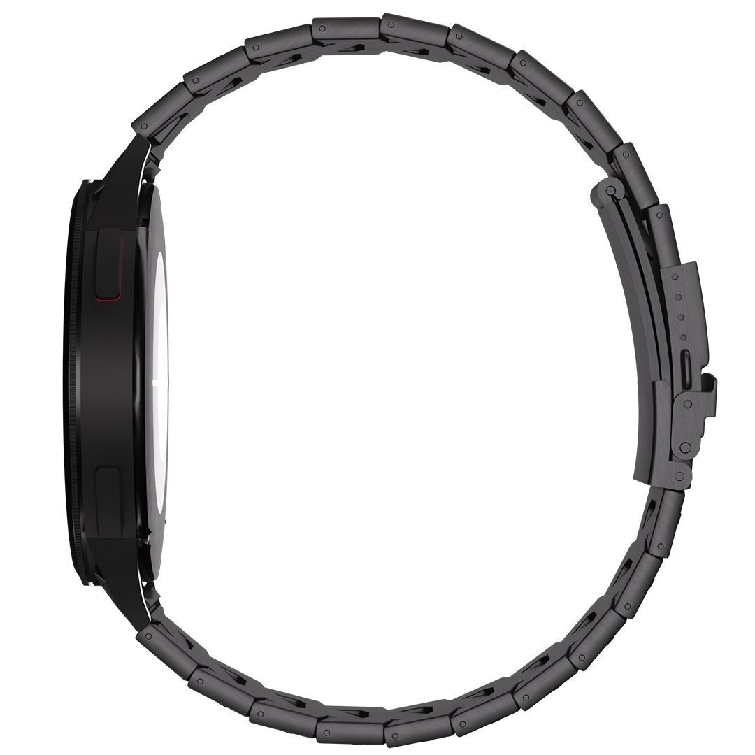 Titanium Strap 'Iron', black, on a watch, direct front view