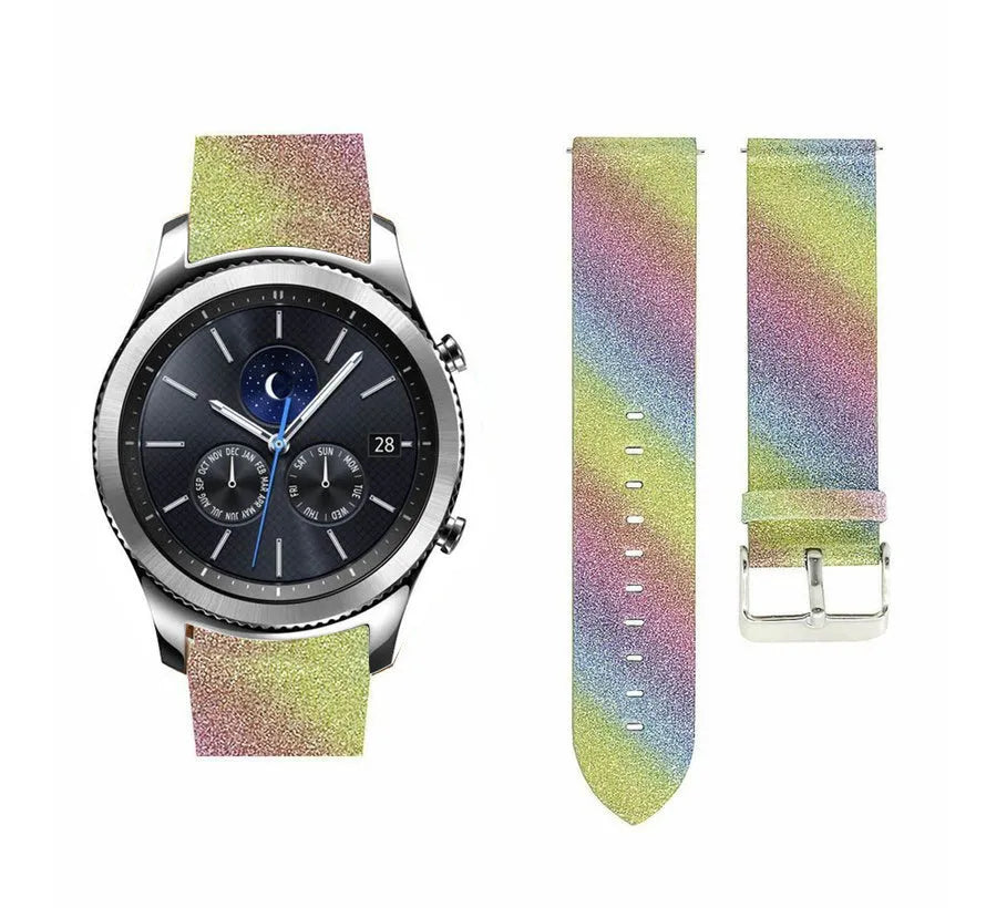Leather Strap with Glitters, rainbow, on a watch, direct front view