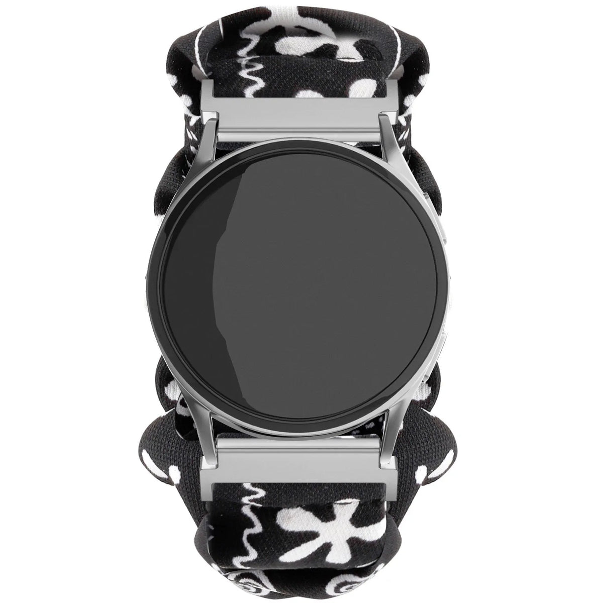 Nylon Scrunchie Strap, black mix, on a watch, direct front view